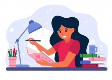 cartoon female with pencil and open journal, sitting at desk. on the desk, cup of pencils, map, stack of books with mug on top